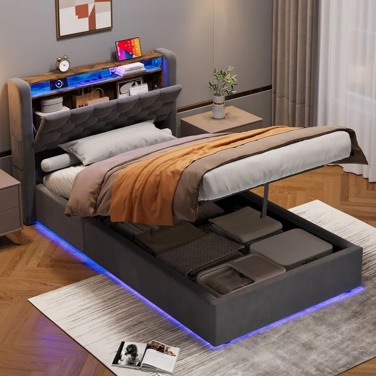 MODFU Polsterbett mit Bettkasten, Holland-Velours, LED, USB/Type-C und Ablage im Kopfteil, 90x200 cm – Bild 1