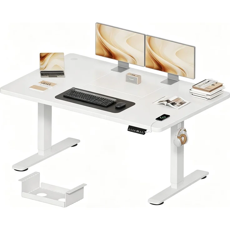JUMMICO Höhenverstellbarer Schreibtisch 140x70 cm mit Kabelwanne & USB-A | Schreibtisch Höhenverstellbarer Elektrisch mit 18 mm Tischplatte, Sitz‑Erinnerung Computertisch,Wolkenweiß