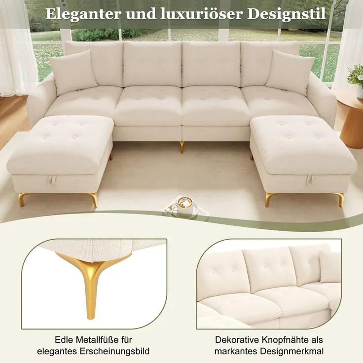 Merax 4-Sitzer U-förmiges modulares Schlafsofa mit 2 Stauraumhockern und 2 Dekokissen, Gesamtmaße 263×137×85 cm, Beige – Bild 7