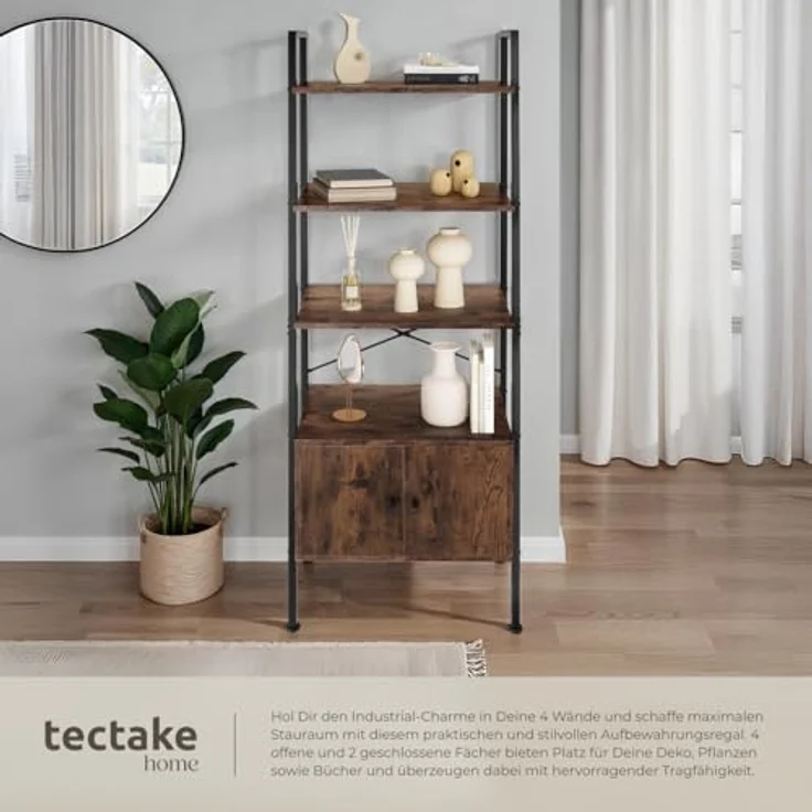 tectake Leiterregal Brentwood, Holzwerkstoff in Beton-Optik, 4 Ebenen, 2 Schrankfächer, 34x173x57,5 cm, Industrial Style – Bild 4
