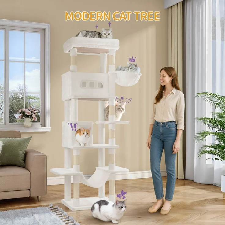 Kratzbaum groß, 210 cm hoch, Katzenbaum, mit 8 Kratzbäume, 2 Höhlen, groß Plattformen, Waschbare Matte, Hängematte, Plüschbälle, mehrstöckiger katzenkratzbaum, Cremeweiß – Bild 2