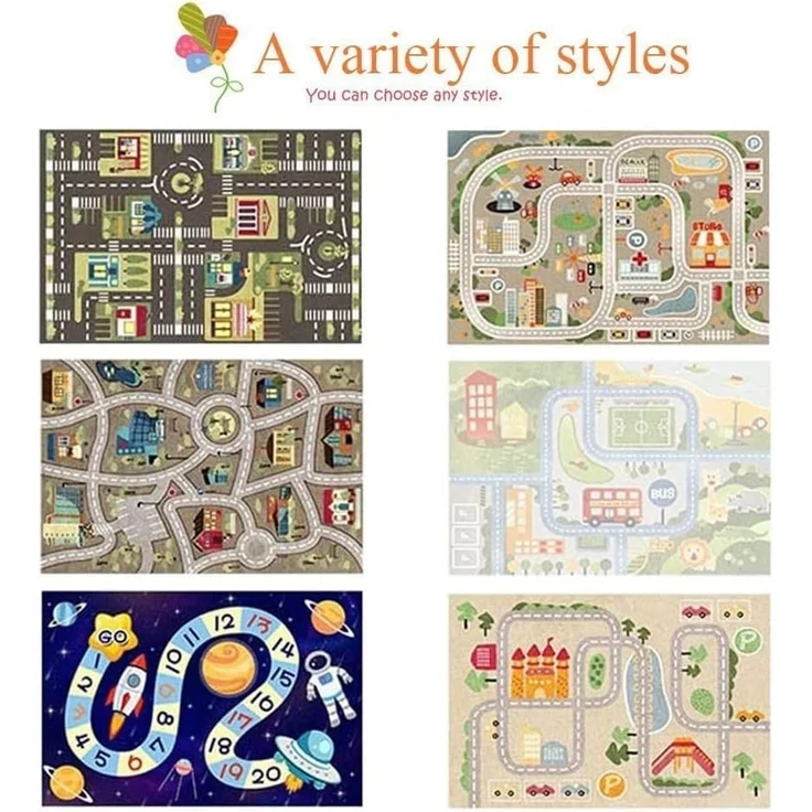 TYKTZXY Kinderteppich Spielen Teppich Straße Auto Tier Universum Blau Grün Grau(120×160cm,47×63inch) – Bild 5