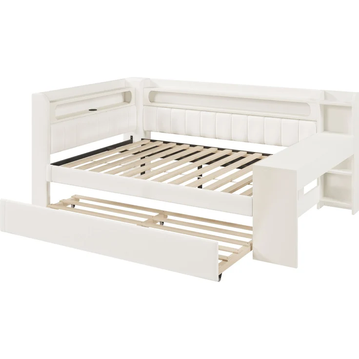 Gepolstertes 140x200 Tagesbett mit USB-Anschlüssen und LED-Gürtel, mit Ausziehbett und Schreibtisch, Weiß – Bild 8
