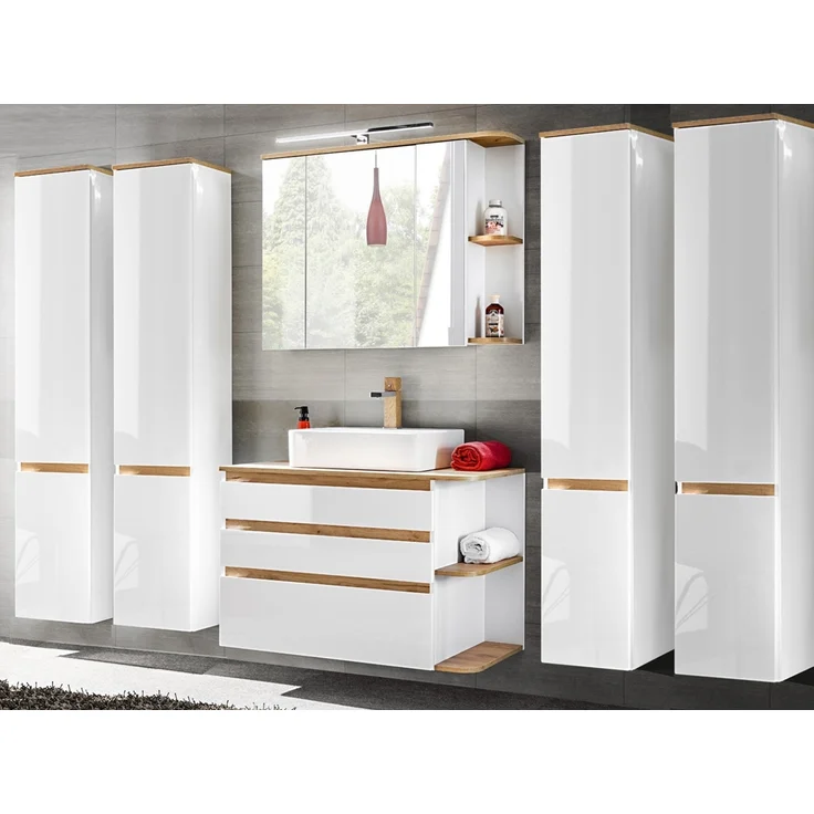 Badmöbel Komplett-Set mit Keramik-Waschtisch CAMPOS-56, Hochglanz weiß mit Wotaneiche, 4 Hochschränke B/H/T ca. 294/200/50 cm – Bild 1