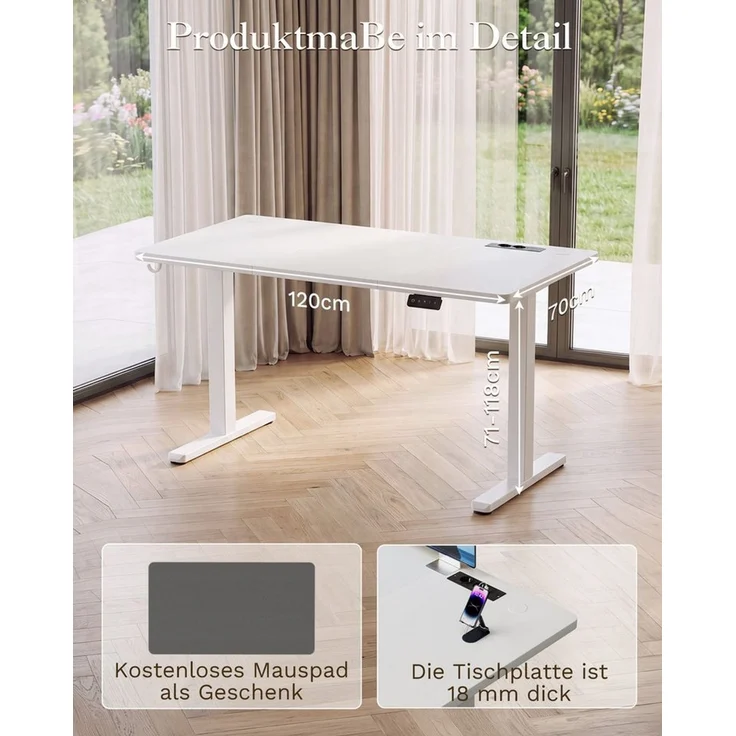 HOMALL Schreibtisch Höhenverstellbarer schreibtisch Mit Steckdose,18 mm Tischplatte (Großzügige Arbeitsfläche:120/140/160x70 cm,Inklusive gratis Desk-Pad,mit 2 Steckdosen & 2 USB-Anschlüssen, Memory-Funktion, LED-Display) – Bild 2