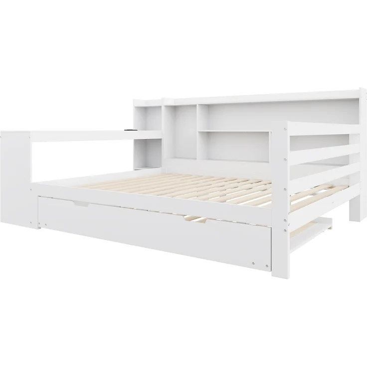 Multifunktionales Massivholz-Schlafsofa mit Ausziehbett, Regalen & USB-Steckdose, Doppelbett mit Stauraum, Weiß – Bild 10