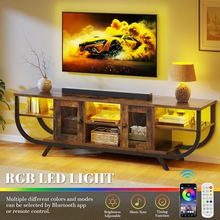 YITAHOME Industrielles TV-Schrank,140cm TV Lowboard für Fernseher bis zu 55 Zoll mit LED-Beleuchtung,Wohnzimmer Fernsehschrank TV Board mit Offenen Stauraum,Vintagebraun – Bild 3
