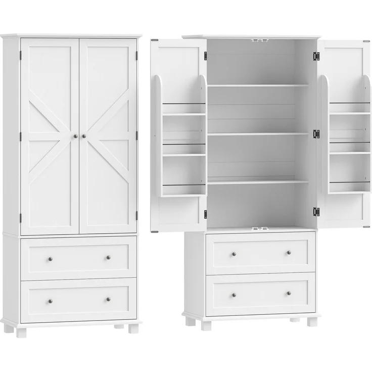 Küchenbuffet 80 x 39,5 x 184,5 cm aus MDF in Weiß mit 2 Schubladen und verstellbaren Einlegeböden – Bild 5