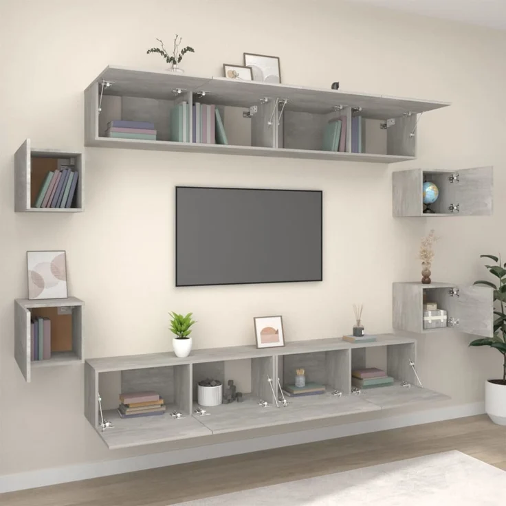 8-tlg. TV-Schrank, Lowboard TV Set Betongrau Holzwerkstoff – Bild 3