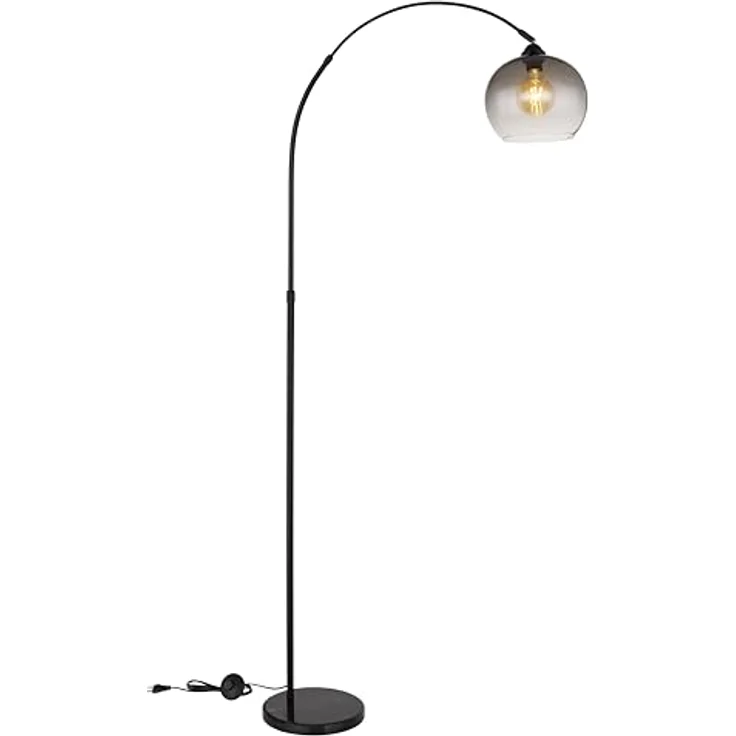 GLOBO LIGHTING Bogenlampe NEWCASTLE, 1-flammig, Schwarz, Metall, H 196 cm, ohne Leuchtmittel, Marmor Standfuß, Glasschirm in rauchfarben – Bild 5