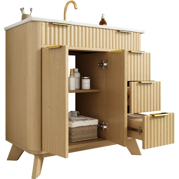 Waschtischunterschrank B 81 x T 47 x H 90 cm aus MDF mit Keramikwaschbecken und Wellenfront – Bild 3