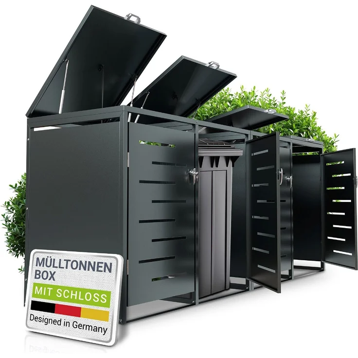 Juskys Mülltonnenbox Arel 4er - Metall Gartenbox für 120 bzw. 240l Mülltonnen - Aufbewahrungsbox - Unterstand mit Dach & Gasdruckfeder - Anthrazit