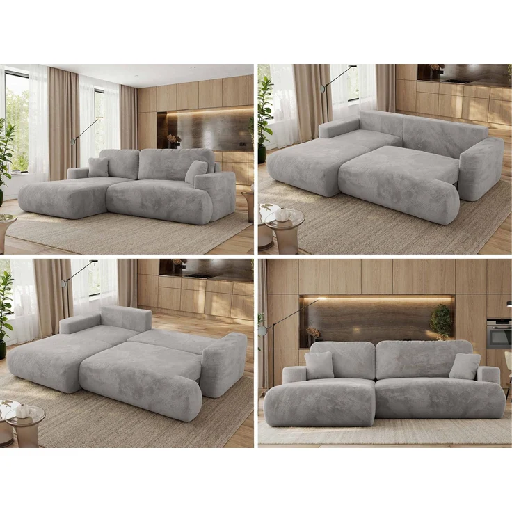 Ecksofa OVO mit schlaffunktion und bettkasten, Wellenfeder, lose Kissen, L-form 271x195 cm - Hellgrau Plüsch - linke Seite – Bild 2