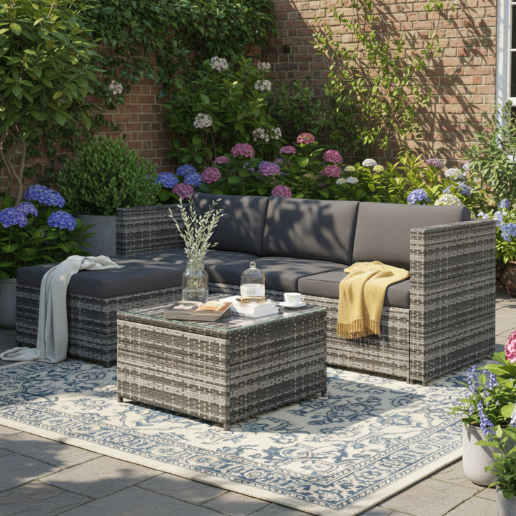 Merax Polyrattan Gartenmöbel Set (2-tlg), Balkonmöbel Set Kleiner Balkon Loungeset, Terassenmöbel Wetterfest mit Sofa, Tisch, Hocker und Kissen, Grau – Bild 2