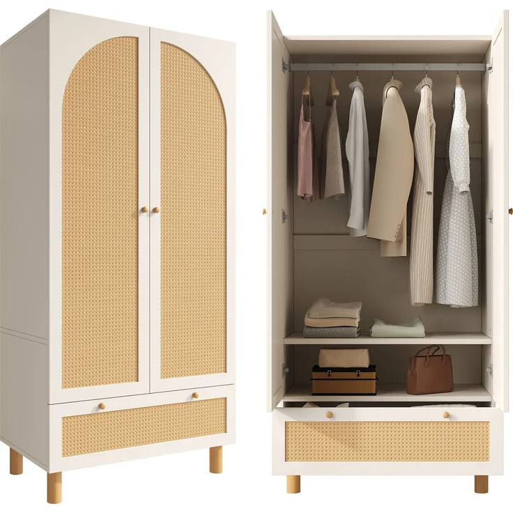 Kleiderschrank Garderobenschrank mit 2 Türen & Rattan, Landhausstil Weiß mit großer Schublade, höhenverstellbaren Regalen & Kleiderstange, Inkl, Kippsicherung, 180x85x52 cm (H/B/T)--Weiß--85.5x52x180.5cm--YOUDENOVA – Bild 6