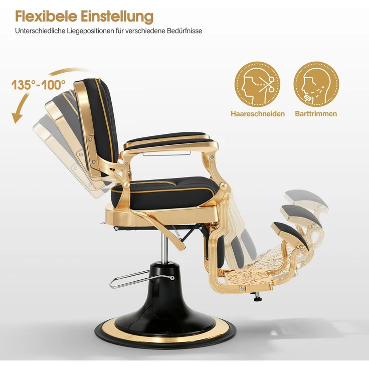 Barberpub Friseurstuhl mit Kopfstütze Kippbar, Friseureinrichtung mit Hydraulikpumpe 360° Drehbar, Höhenverstellbarer Bedienungsstuhl mit Vintage Stil, Barber Stuhl Kunstleder, 2965 (Gold-Schwarz) – Bild 3