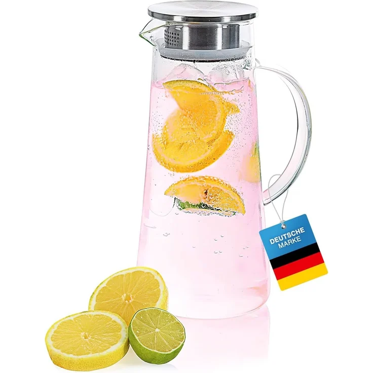 Dimono Wasserkaraffe Dimono Wasserkaraffe 1,5L – Glas Wasserkrug mit Edelstahlfilter, (1,5 Liter, Glas-Krug), Getränkekaraffe für heißes & kaltes Wasser – Bild 8