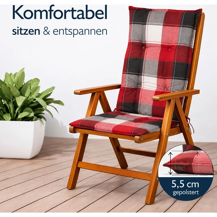BURI 4x Hochlehner Auflage 120x50x5,5 cm - wetterfeste Gartenstuhlauflage mit Schaumkern & Vollvlies, Halteband & Bindebänder, bequemes Stuhlpolster für Balkon, Terrasse & Garten (Rot/Grau Kariert) – Bild 3