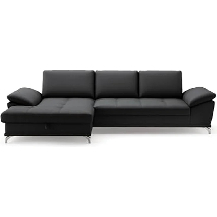 Cavadore Eckcouch Castiel mit Federkern / Ecksofa mit großem Longchair, Sitztiefenverstellung und mattschwarzen Metallfüßen / 301 x 89 x 176 / Echtleder, Schwarz – Bild 7