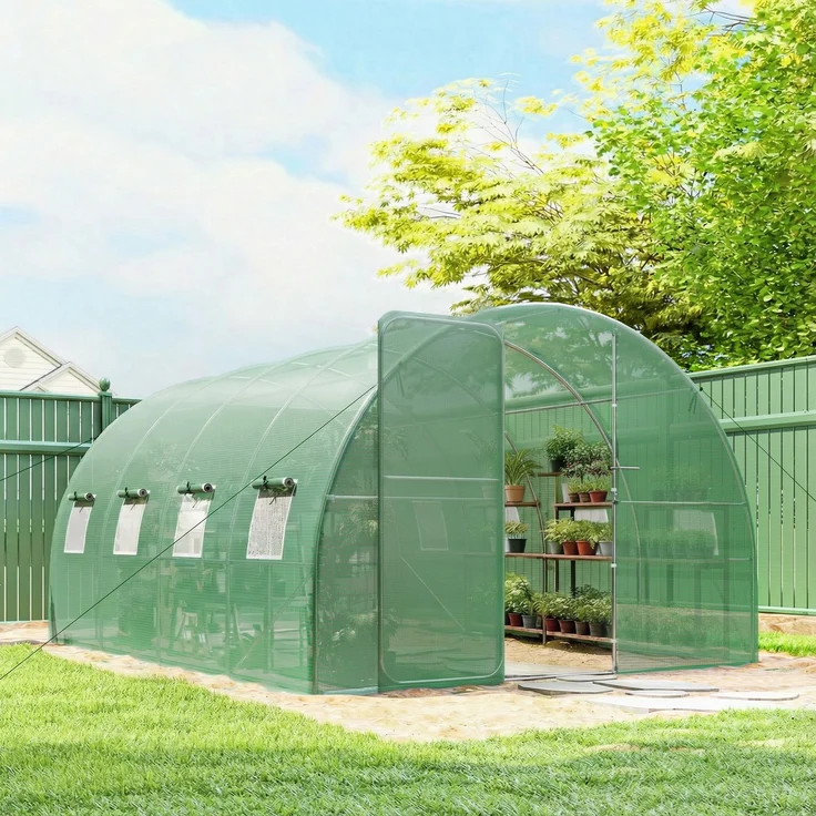 MELAYR, 12 m² großes Gartentunnelgewächshaus, 295 x 400 x 200 cm, mit Tür und 8 Fenstern, 140 g/m² grüne PE-Folie, Grün – Bild 4
