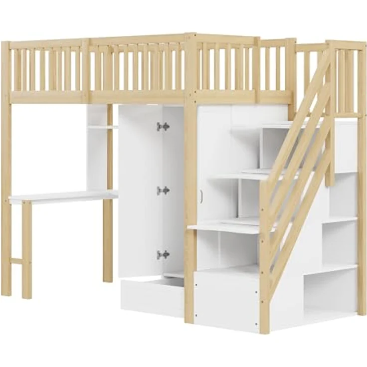 Odikalo Jugendbett Kinderbett Hochbett Kleiderschrank Regal Tisch Treppe 90x200cm – Bild 9
