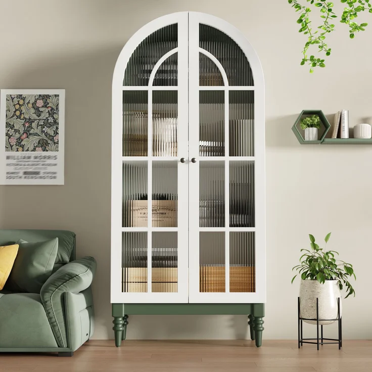 Bogen-Vitrinenschrank 165cm mit Riffelglas-Doppeltüren, 3 Einlegeebenen, 2 Farben (Dunkelgrün+Weiß)--Grün--76x38.5x165cm--YOUDENOVA – Bild 2