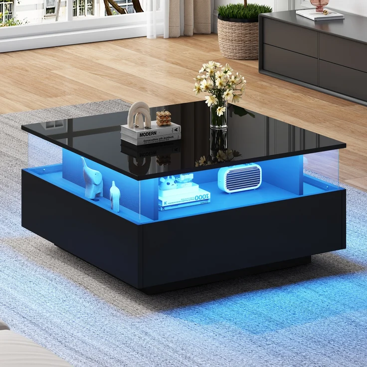 Couchtisch, Hochglanz, mit LED-Beleuchtung, 2 Schubladen & transparentem Display, 70x70x41 cm, Schwarz – Bild 4