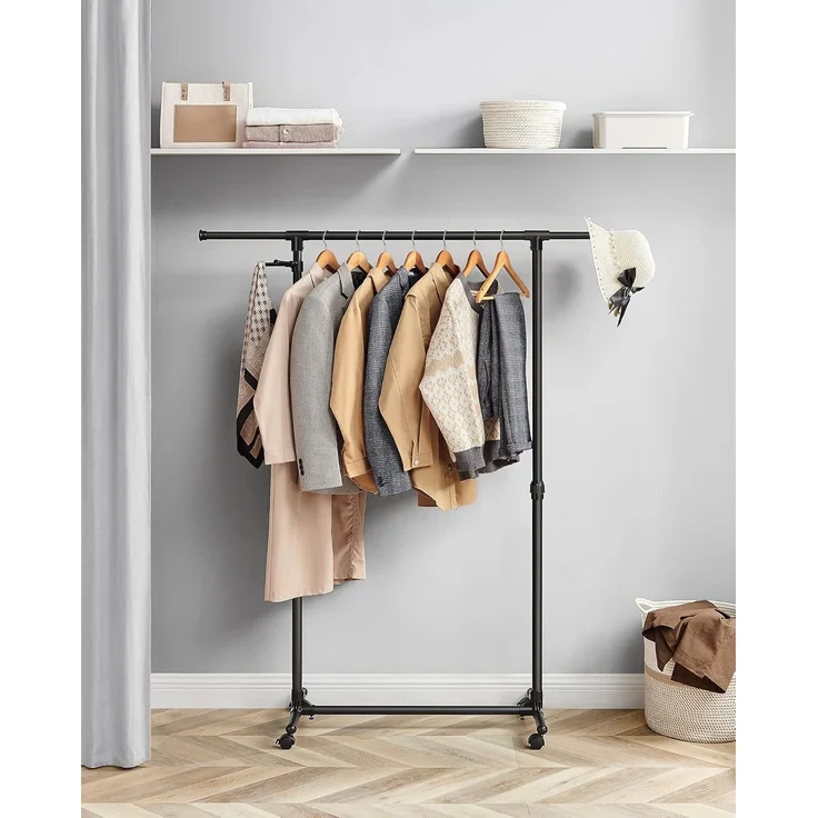 SONGMICS Kleiderständer auf Rollen, Kleiderstange, höhenverstellbar zwischen 97 und 165 cm, ausziehbare Garderobenstange, Garderobenständer, seitliche Haken für Accessoires, schwarz LLR001B01 – Bild 3
