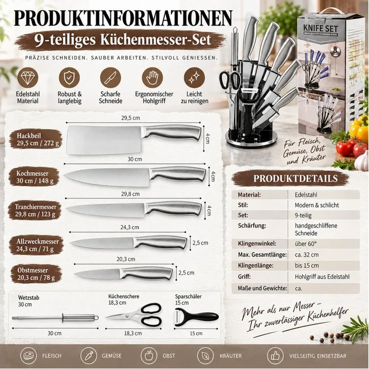ibettertec Messer-Set Küchenmesserset 9-teilig Edelstahl Kochmesser für Haushalt (Set, 9-tlg, Edelstahl, lebensmittelecht, rostbeständig, gebürstete Oberfläche), Ergonomischer Hohlgriff für hohen Komfort, Modernes Design – Bild 4