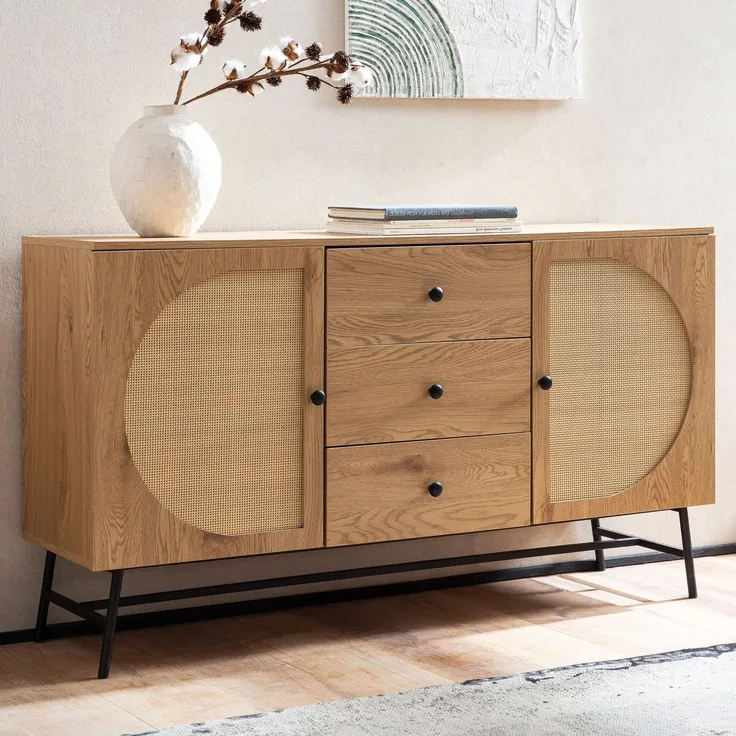 FINEBUY Sideboard FB103436 (140x80x40 cm Anrichte, Eiche-Dekor Rattangeflecht), Kommode Türen & Schubladen, Hoher Kommodenschrank