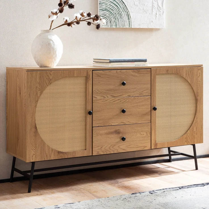 FINEBUY Sideboard FB103436 (140x80x40 cm Anrichte, Eiche-Dekor Rattangeflecht), Kommode Türen & Schubladen, Hoher Kommodenschrank – Bild 1