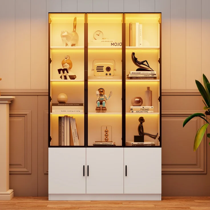 DESVIAE Vitrine mit 6 Glastüren und LED-Beleuchtung 120x200x32 cm MDF Weiß – Bild 2