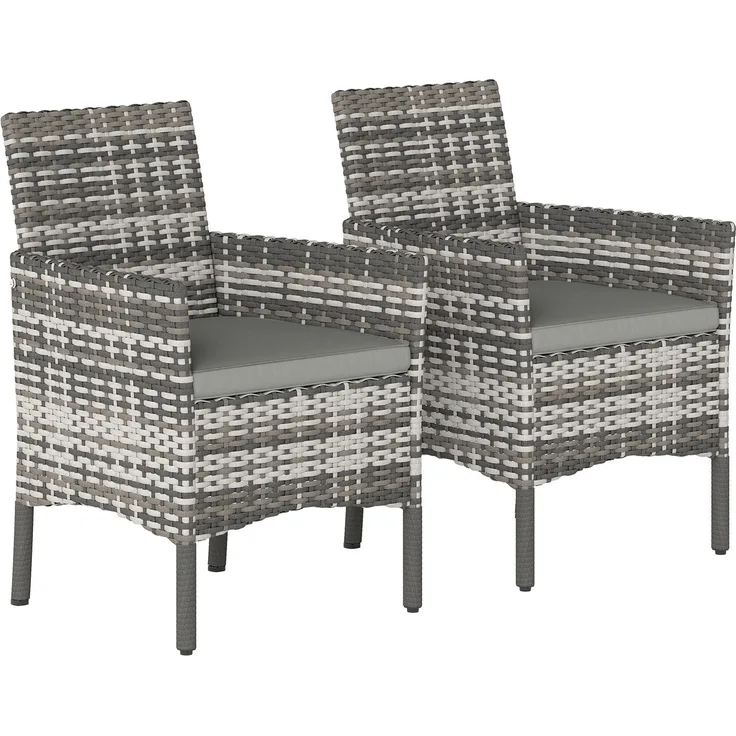 MELAYR, 2er Set Gartenstuhl Polyrattan Gartenmöbel mit 2 Sessel Abnehmbaren Kissen Stahlrahmen Grau, 62 x 58 x 87 cm