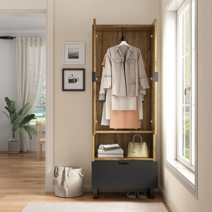 DESVIAE Garderobenschrank mit Kleiderstange und Schublade, 65x180x38 cm, Spanplatte, Natur/Schwarz – Bild 6