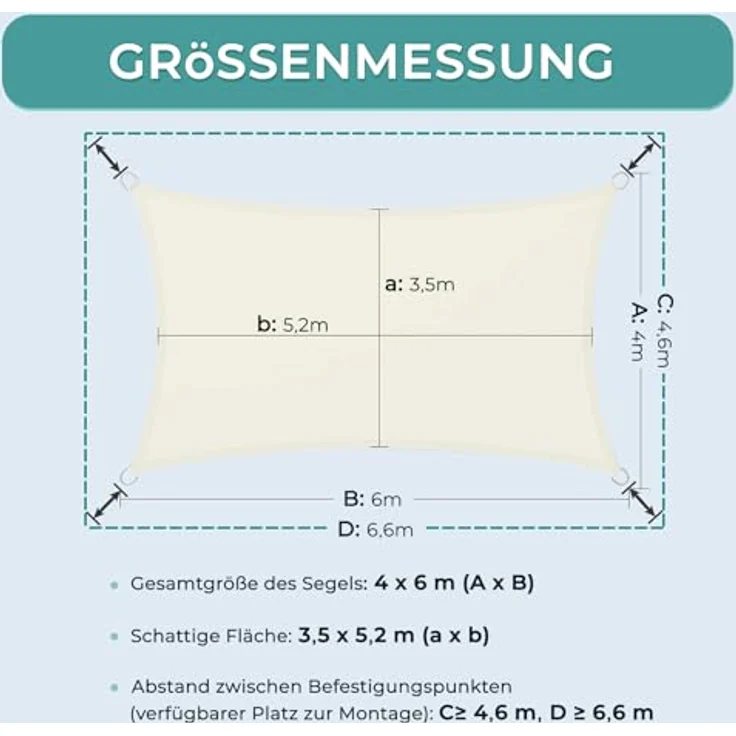 Dripex Sonnensegel wasserdicht Sonnenschutz Set 4X6 m inkl Befestigungsseile Rechteckig Polyester Imprägniert 95% UV Schutz Windschutz Wetterschutz für Balkon Garten Terrasse - Cremeweiß – Bild 6