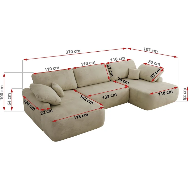 U-förmige Ecke, Ecksofa mit schlaffunktion und bettkasten, lose kissen, Wellenfeder, Big sofa XXL - CUBO U - Beige Velours – Bild 8