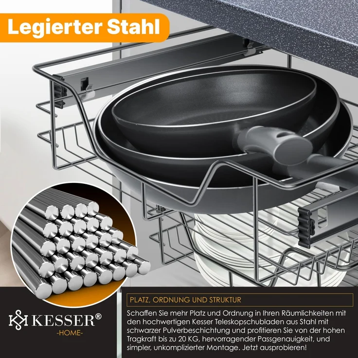 KESSER® Teleskopschublade 30-60cm Schrankbreite verchromt aus Edelstahl Schubladeneinsatz für Küchenschrank Korbauszug Schrankauszug 1x 60cm - Anthrazit – Bild 8