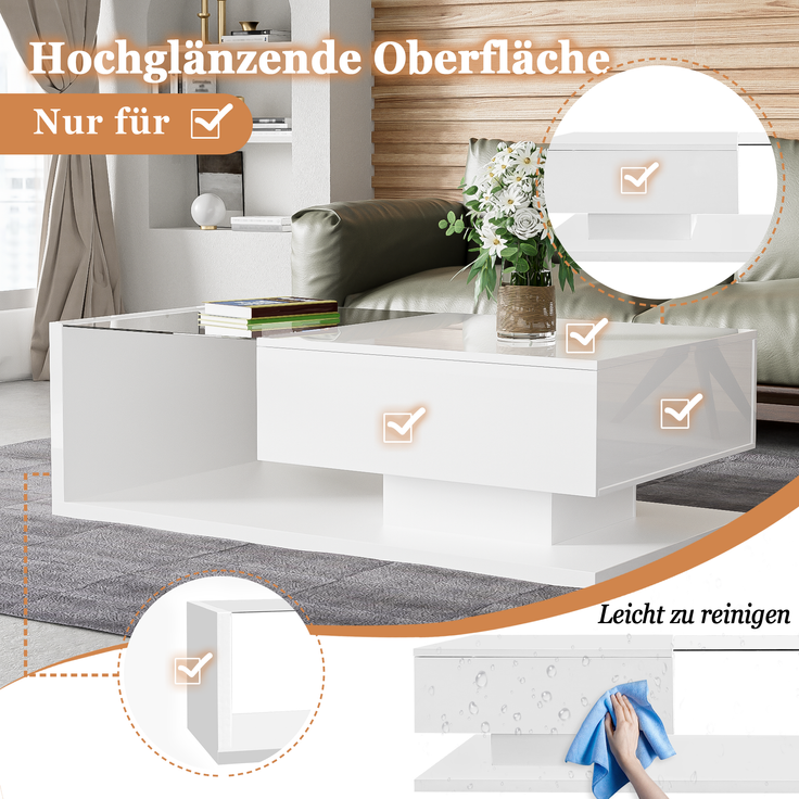 Couchtisch, Spanplatte mit Glasplatte & LED-Beleuchtung, 105x55x32,5 cm, Weiß Hochglanz – Bild 6