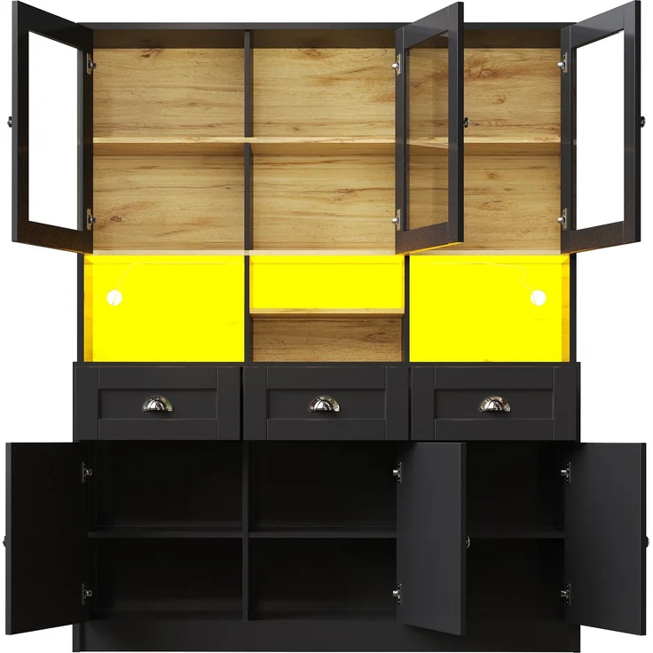 Küchenschrank(140×40×175cm), Hochschrank Küchenbuffet, Vitrinenschrank, Buffetschrank mit Verstellbaren Ablagen, Sideboard mit LED-Beleuchtung,Variable Lichtfarben, Weiß/Schwarz – Bild 9