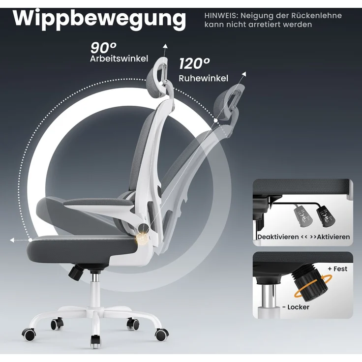 Botifly Ergonomischer Bürostuhl, Mesh-Gewebe, Grau/Weiß, 90°-120° Wippfunktion, 10 cm Höhenverstellbar, 52 x 25.5 x 62 cm – Bild 4