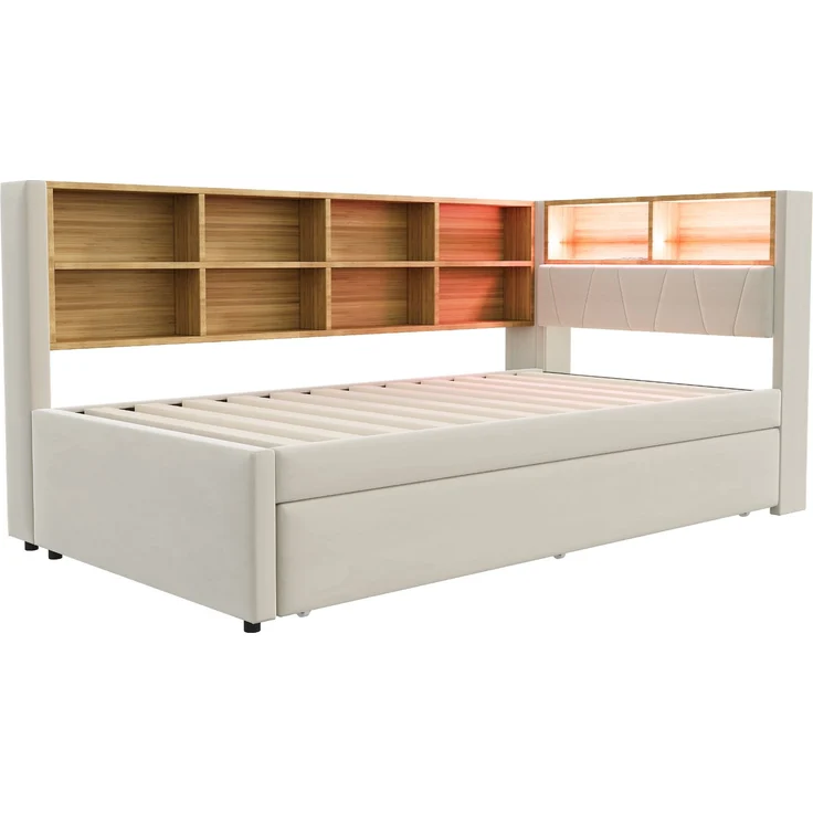 Bett 90x200 cm mit Ausziehbett 90x190 cm, Flanellbezug in Beige, mit Stauraum und LED-Beleuchtung – Bild 7