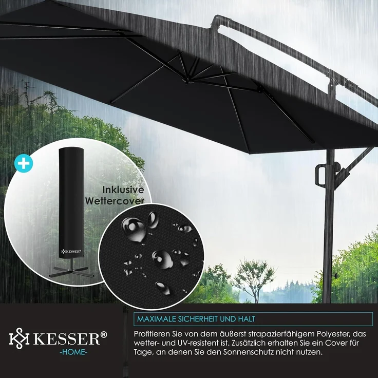 KESSER® 'Holly' Ampelschirm ohne LED Solar, inkl. Ständer, Abdeckung & Windsicherung mit Kurbel, Aluminium schwarz, Ø 350 cm – Bild 8