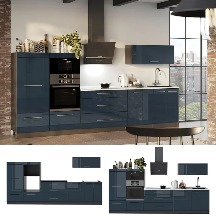 Küchenzeile Fame-Line Dunkelblau Hochglanz/Anthrazit 340 cm, AP Marmor Vicco – Bild 4
