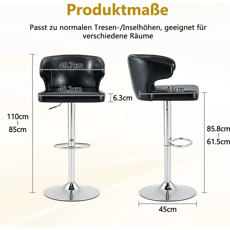 2er Set Barhocker mit Lehne Höhenverstellbar, 360° Drehbar Barstuhl mit Großem Sockel & Fußstütze, Modern Küchenhocker für Bar Küche Theke (Nur Stühle)--Schwarz1--49.7x45x110cm--YOUDENOVA – Bild 3