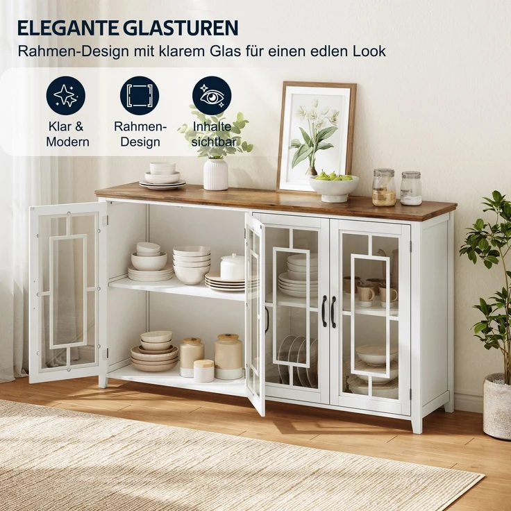 Merax 160cm Küchen-Sideboard mit Glastüren, einem geräumigen Staufach, einer Arbeitsplatte in Holzoptik und einer Kippsicherung, Weiß – Bild 5