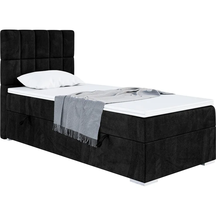 MEBLINI Boxspringbett LUKAS 100x200cm Links - H4/Schwarz Samt - mit Bettkasten - Gepolstert Einzelbett mit Topper & Taschenfederkern-Matratze