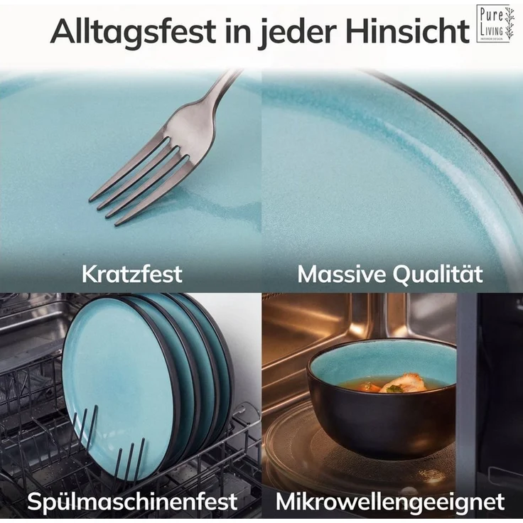 Steingut Geschirrset 6 Pers. Ibiza 24-tlg Hochwertiges Mediterranes TEST SEHR GUT Steingut Geschirr Set - Schüssel- und Teller Set - Tafelservice 6 Personen Geschirrsets Pure Living in Aquamarin – Bild 4