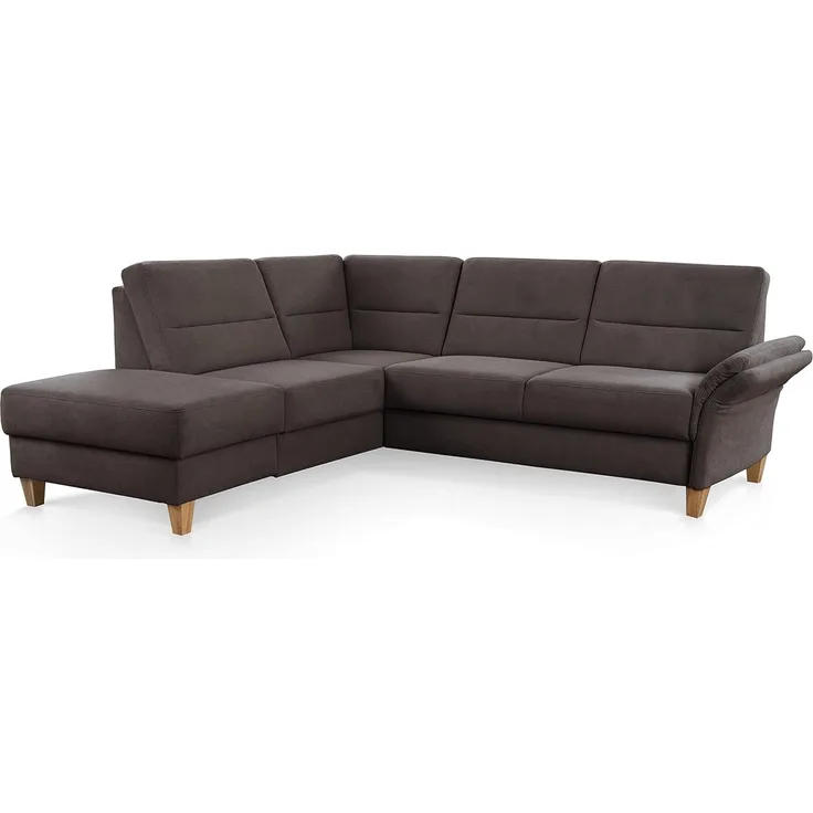 CAVADORE Eckcouch Wyk mit Federkern / Ecksofa im Landhaus-Stil mit Ottomane und Holzfüßen / 238 x 90 x 213 / Jacquard, Braun