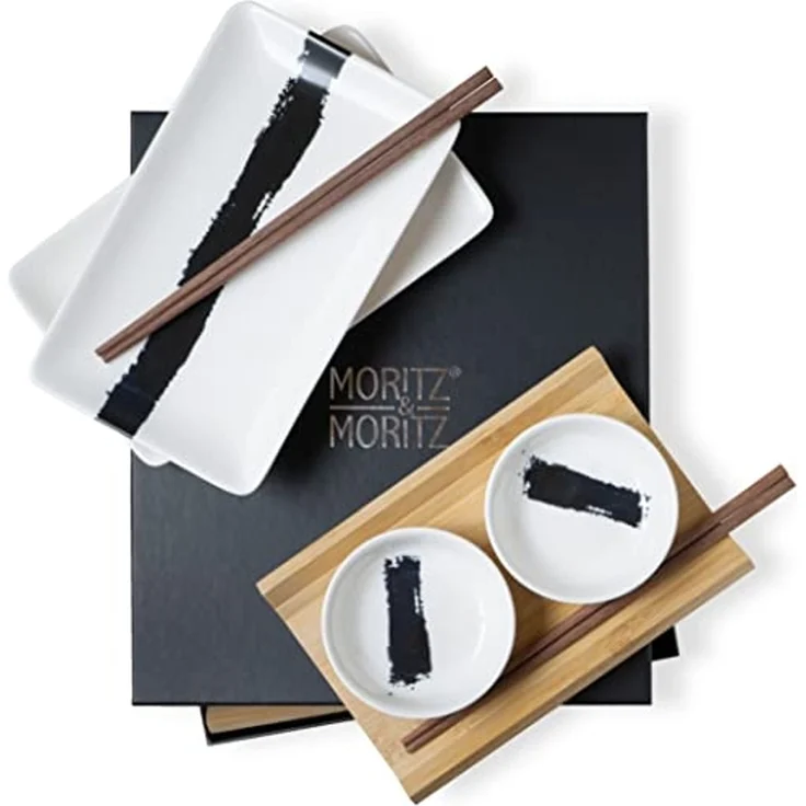 Moritz & Moritz Tafelservice Sushi Set 10tlg Pinselstrich Schwarz (8-tlg), 2 Personen, Geschirrset für 2 Personen – Bild 1