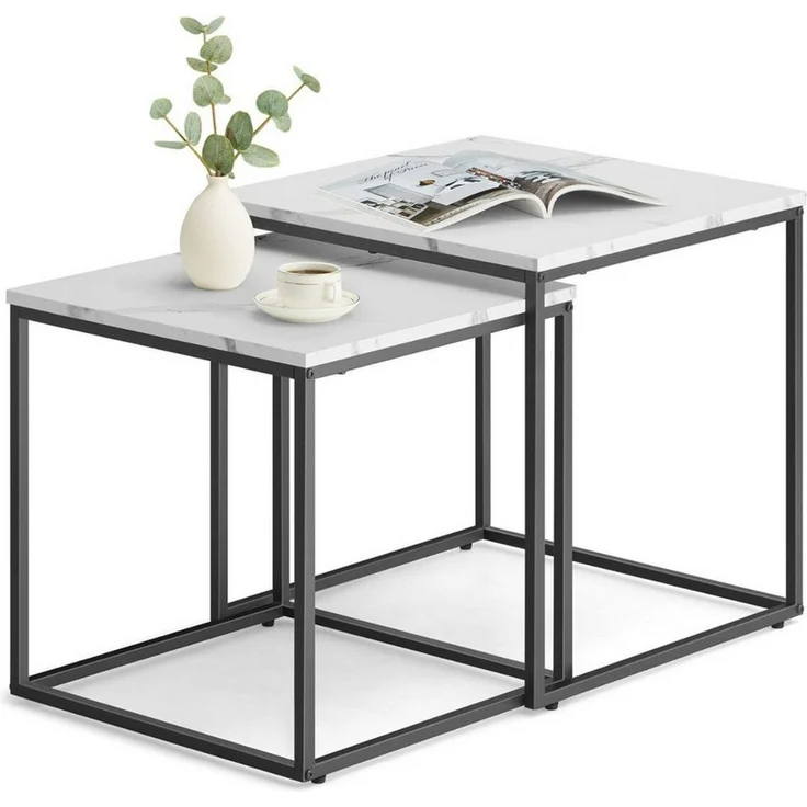 Home Collective Couchtisch 2er Set Beistelltisch Loft Design 2in1 Verschachtelung Wohnzimmer, kratzfeste Oberfläche 50&45cm Marmor Optik, schwarz Beinen quadratisch – Bild 5